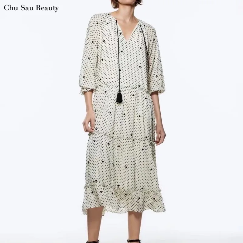 

2022 New Za Ladies Cabochon Loose Dress Fashion V-neck 3/4 Sleeve Midi Dress Casual Holiday Dress Fashion Street A-Line Skirt