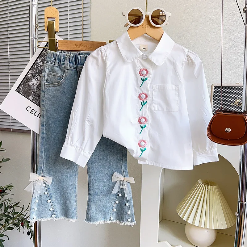 

2023 New Girls Dress Long Sleeve Turn-down Collar Embroidery Floral White Cute Designer Girls Princess Dress Vestido 18M-7T
