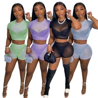 2pcsset sexy mesh two piece shorts matching sets womens outifits crop top high waist short pants trousers tracksuit summer 2022