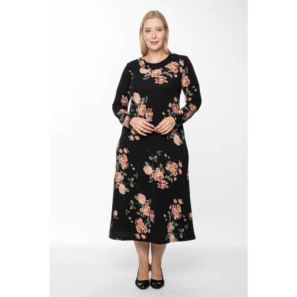 

Women's Black Long Big Rose Dried Printed Crepe Dress