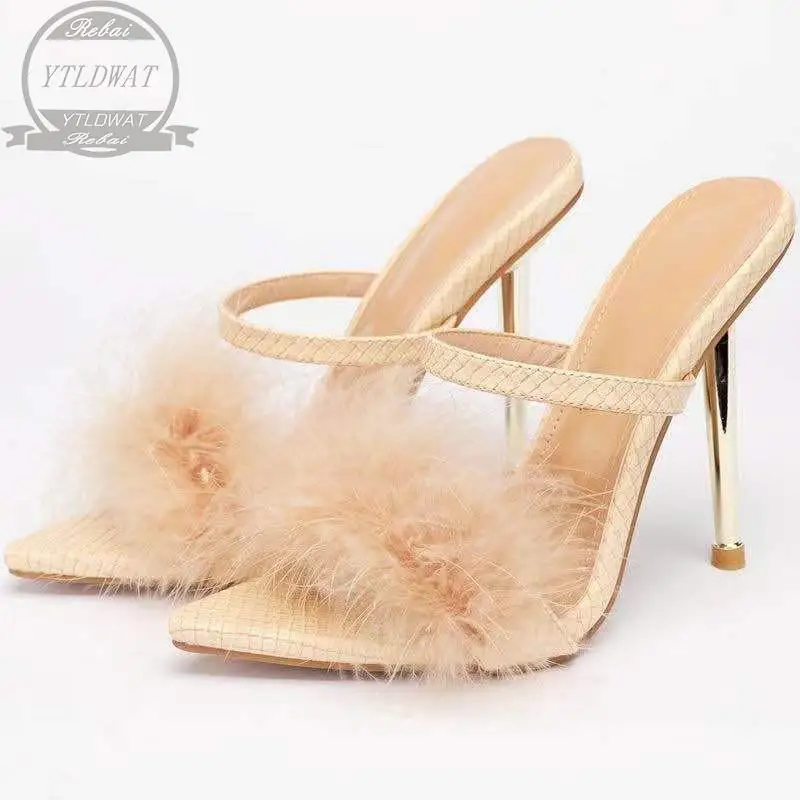 2022 NEW Summer New Pointed Black Feather Heels Hairy Shallow Open Toe Shoes Super High  Women's Sandals Pump  Zapatos