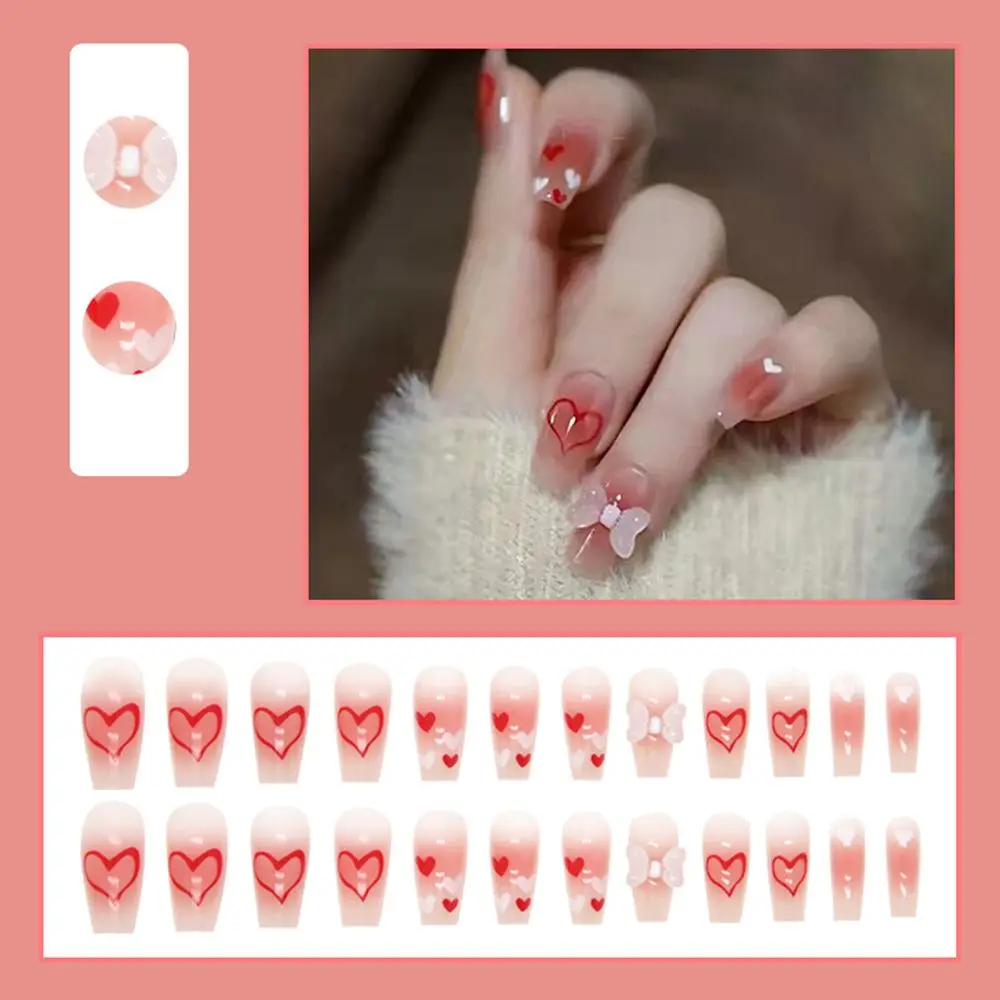 

24pcs/box Manicure Full Cover Wearable Detachable Heart Fake Nail Press On Nails Artificial False Nails