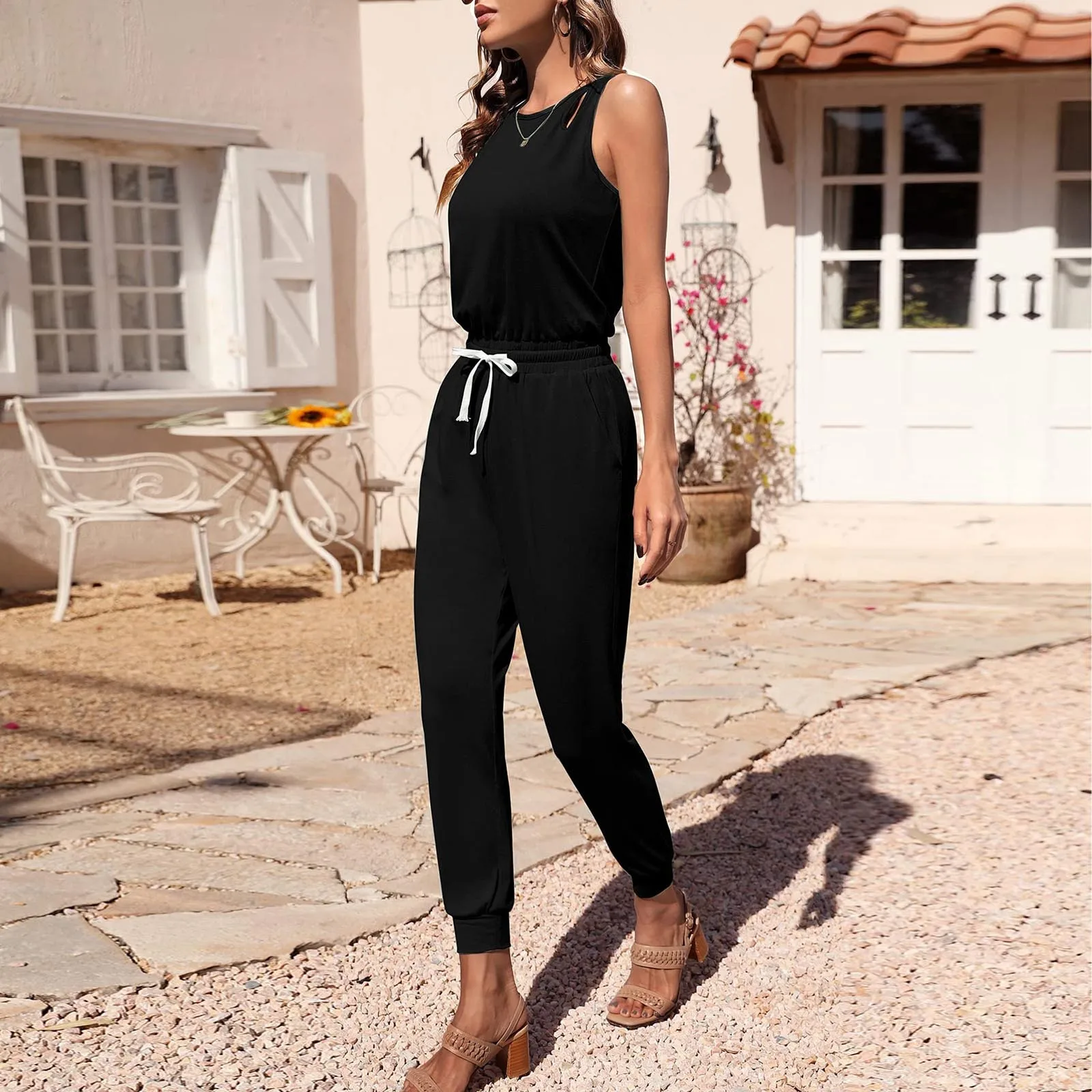 

Women Summer Solid Sleeveless Jumpsuit Crewneck Drawstring Elastic Black Suit for Women Jumpsuit for Women Sexy Long Sleeve