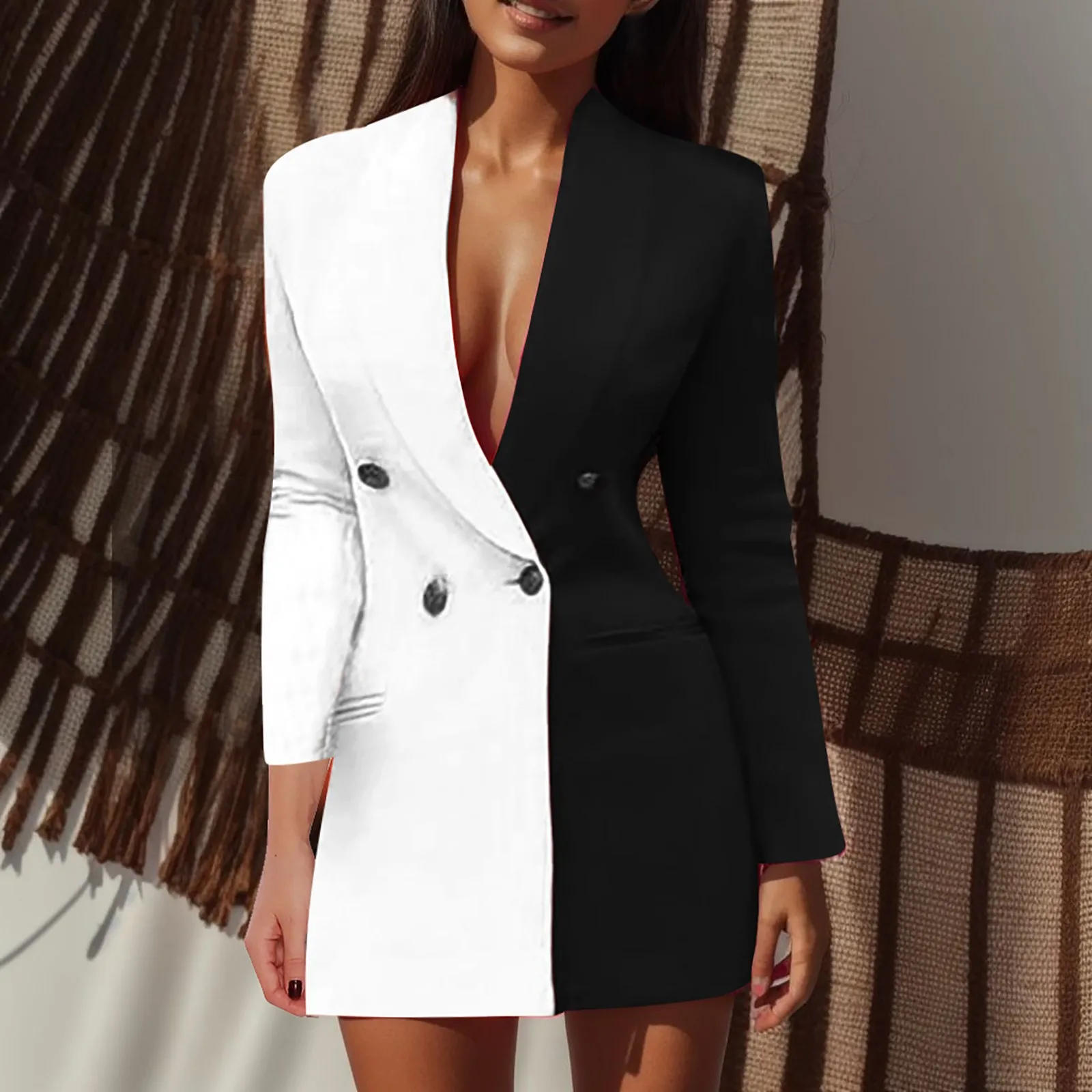 

Colorblock Blazer For Women'S Suit Dress Long Neck Sexy Fashion Coat Sleeve Patchwork Woman'S Coat Chic Office Lady Casual Slim