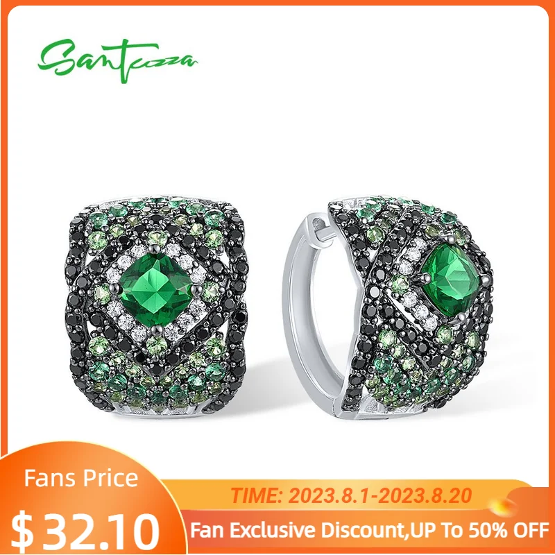 

SANTUZZA Pure 925 Sterling Silver Loop Pierce Earrings For Women Sparkling Black And Green Spinel White CZ Delicate Fine Jewelry