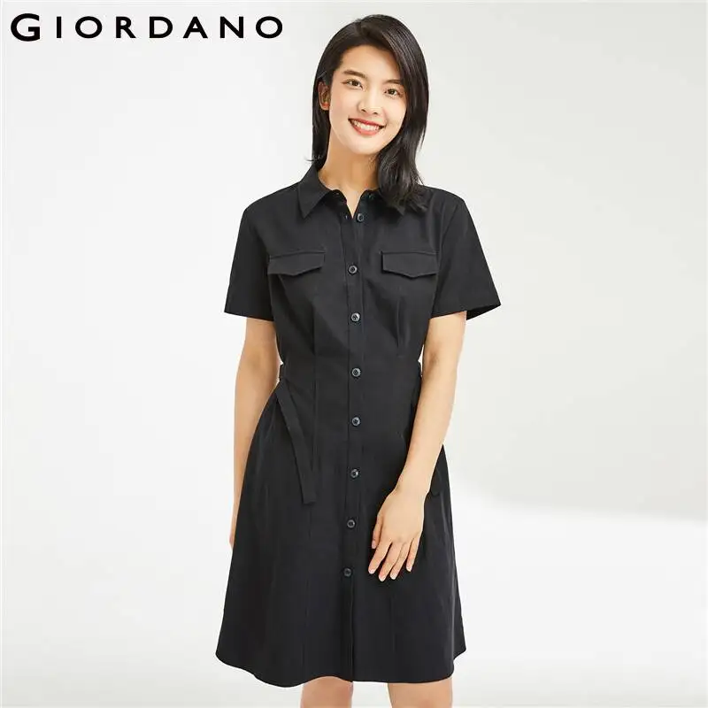 

Giordano Women Dress Tunic Waist Cargo Short Sleeve Shirt Dress 100% Cotton Shirt Collar Button Closure Casual Dress 05462306