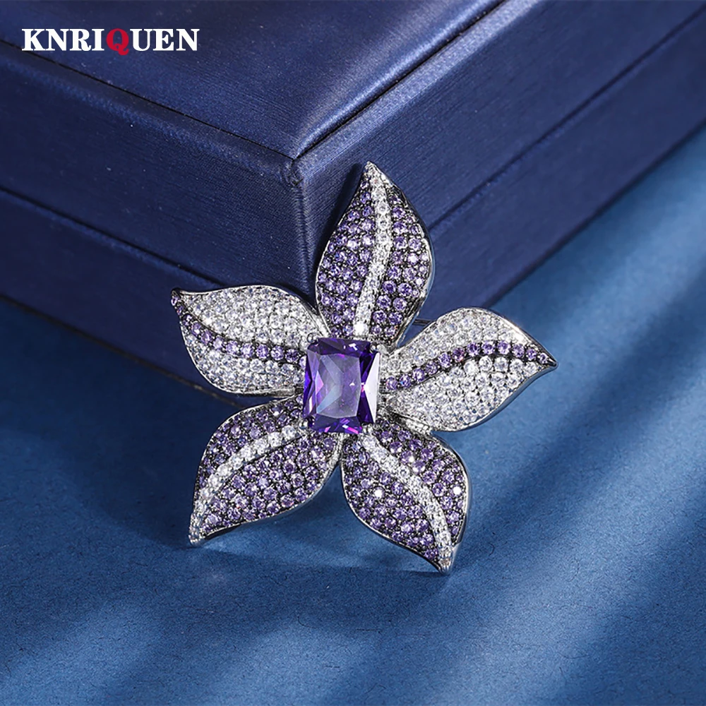 Luxury New Trend 8*10mm Amethyst Brooches for Women Vintage Gemstone High Carbon Diamond Wedding Jewelry Accessories Female Gift