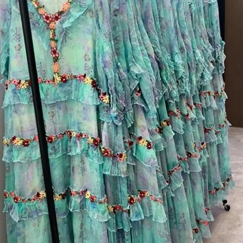 Женское платье Новое шифоновое Свободное длинное зеленое стройнящее