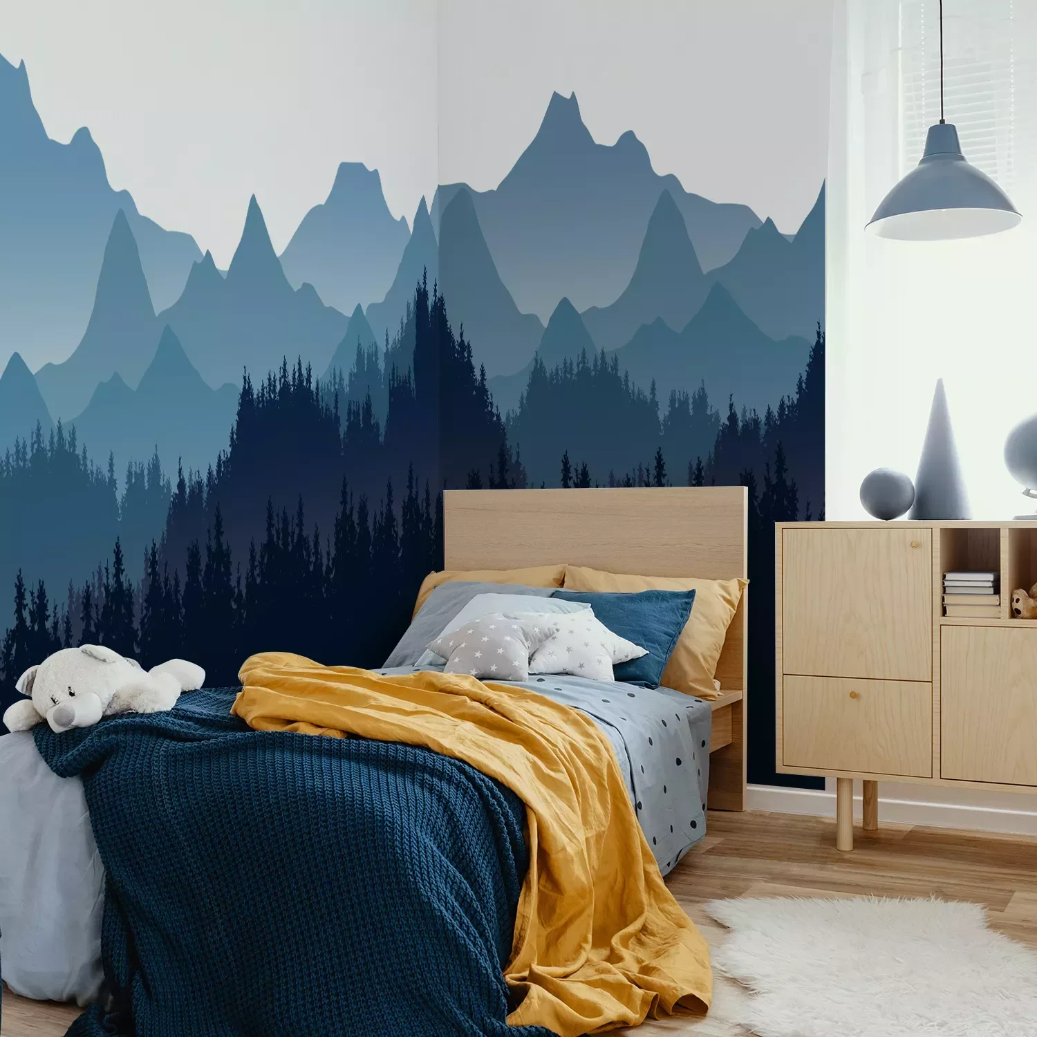 

Blue Mountain Wall Mural for Kids Room Living Room Nursery Home Decor Waterproof Self-adhesive Fabric Nordic Scenery Stickers