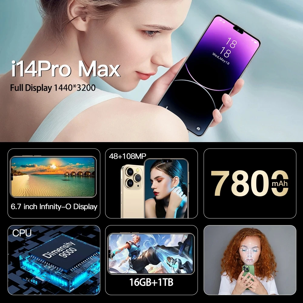 

Новый смартфон i14 Pro Max на Android, оригинальный телефон, 2023 дюймов, полный экран 6,7 дюйма, 16 ГБ + 1 ТБ