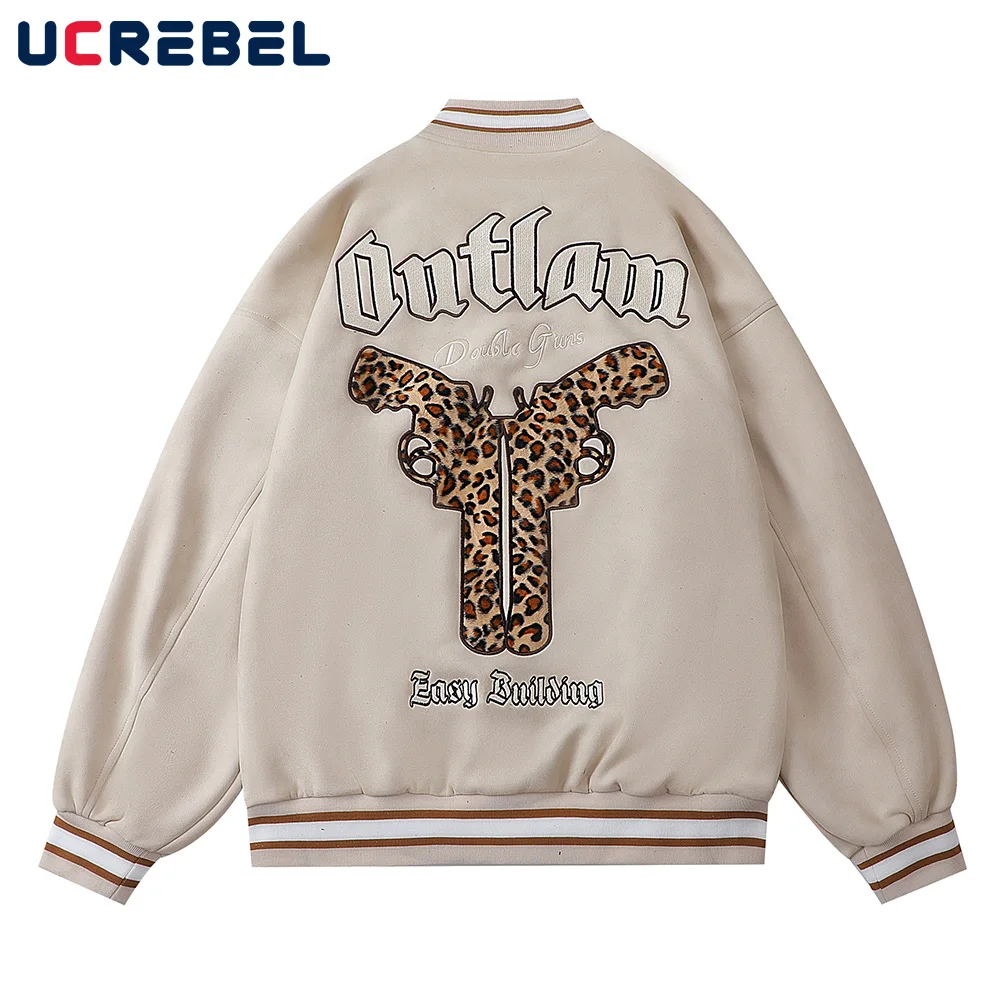 

Pistol Pattern Suede Baseball Uniform Mens Autumn Winter Streetwear Letter Embroidery Single Breasted Casual Jacket Outerwear