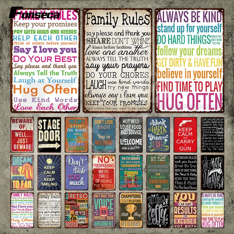 Правила семьи, металлический знак Предупреждение ждающий текст, цитата, фототабличка, наклейки на стену для декора комнаты