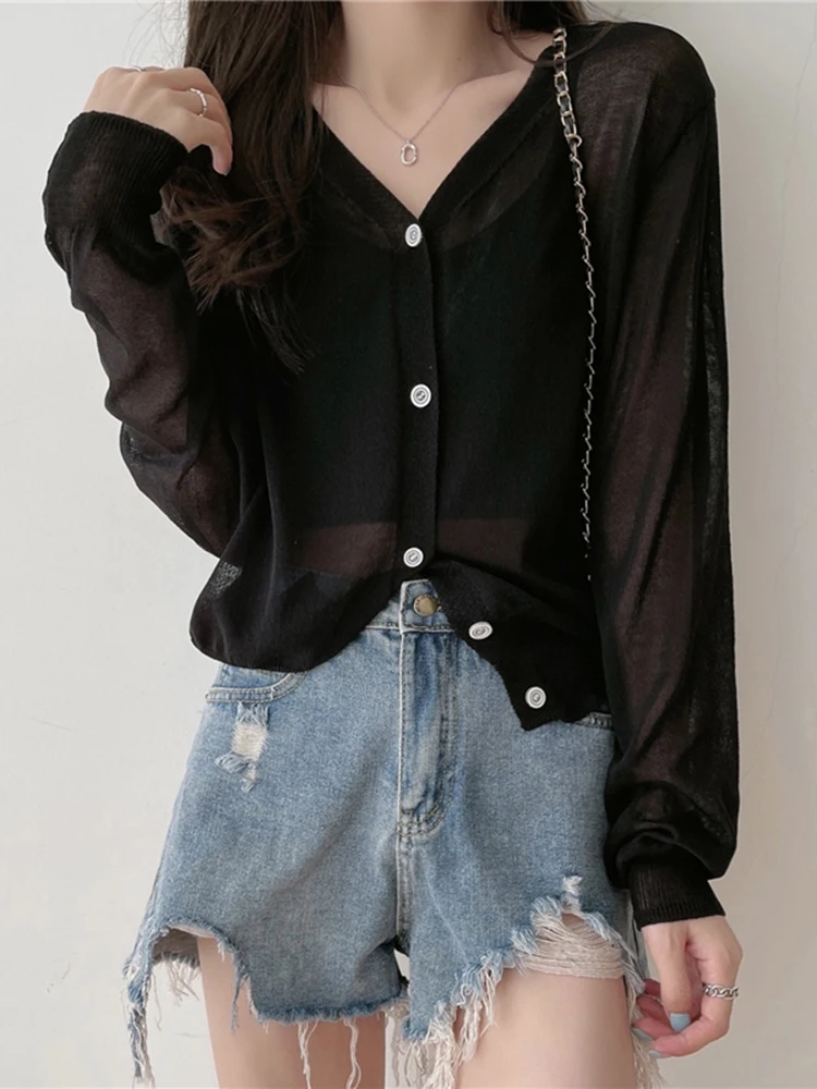 Женская Легкая Трикотажная Повседневная Рубашка Прозрачная Летняя Блузка