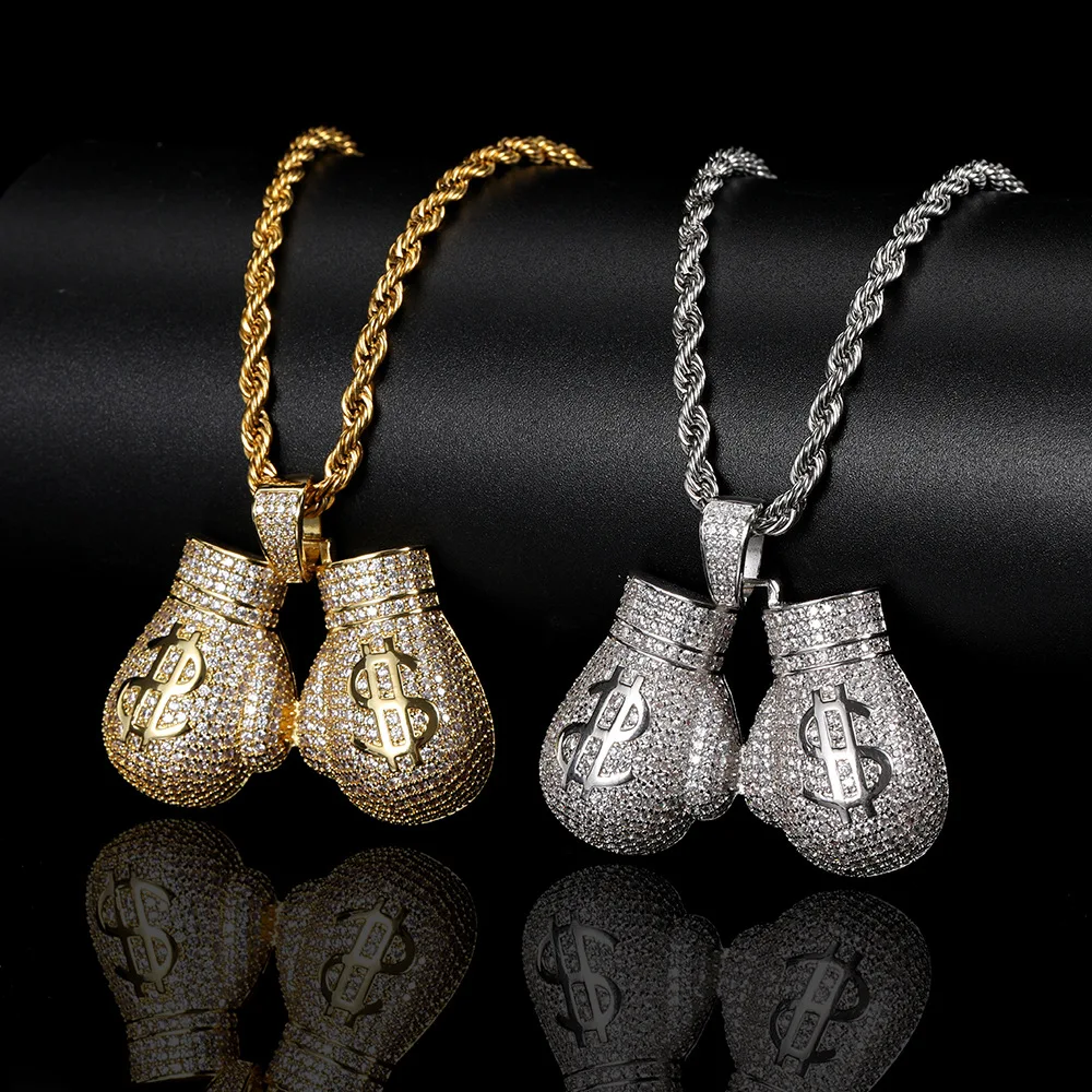 

2023 Dollar Boxing Sport Gloves Pendant Necklace copper gold plated Iced Bling Cubic Zircon Necklace Men's Hip Hop Jewelry