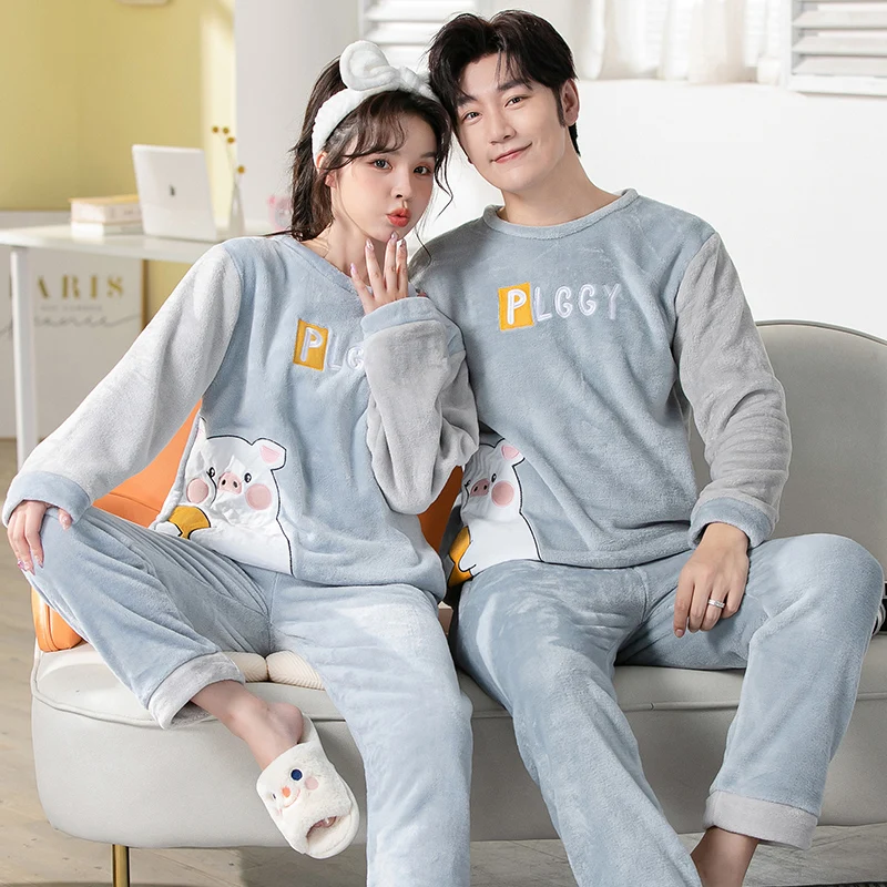 Flannel Plush Winter Couple Pajama Sets Long Sleeve O-Neck Pyjamas For Women Men Lovers Clothing Sweet Cartoon Coral Velvet Suit