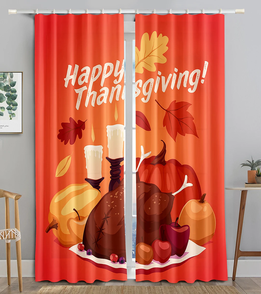 

New Cheap Festival Thanksgiving Happy Celebration Turkey Food3D-printed Thin Curtain Bedroom Kitchen Living Room Window 2 Panels