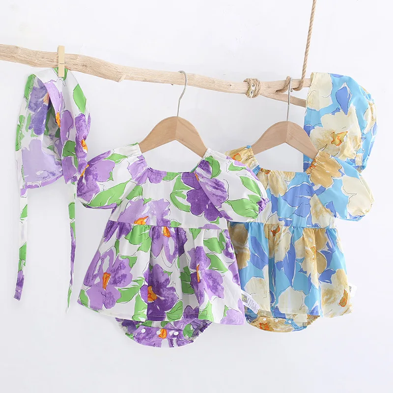 

Baby onesie 22 summer new products full printed flower rompers Korean version of jackfruit bud triangle crawling baby clothing