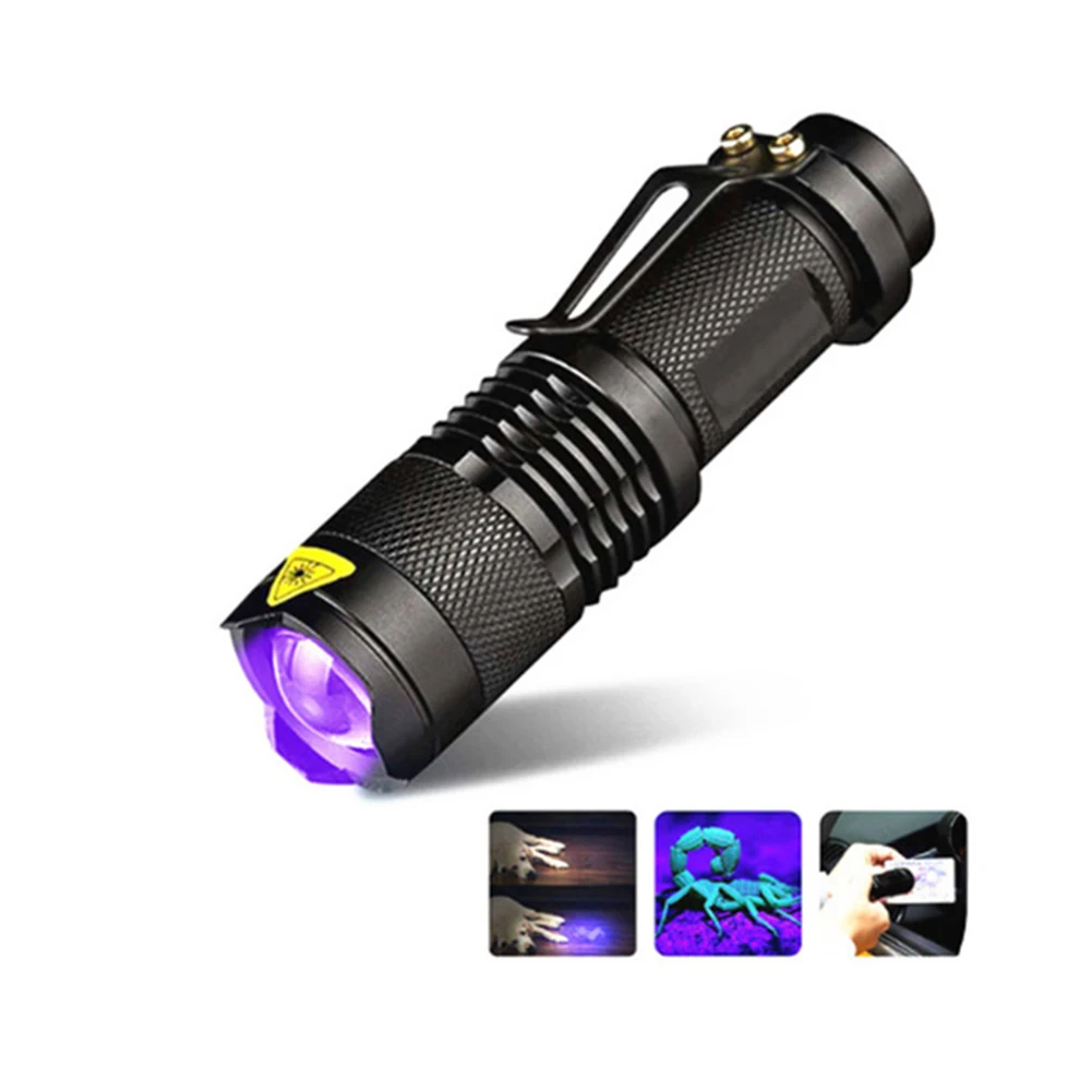 

LED UV Flashlight 365nm/395nm Ultraviolet Torch Lamp Zoomable Mini UV Light Pet Urine Stains Detector Scorpion Outdoor Hunting