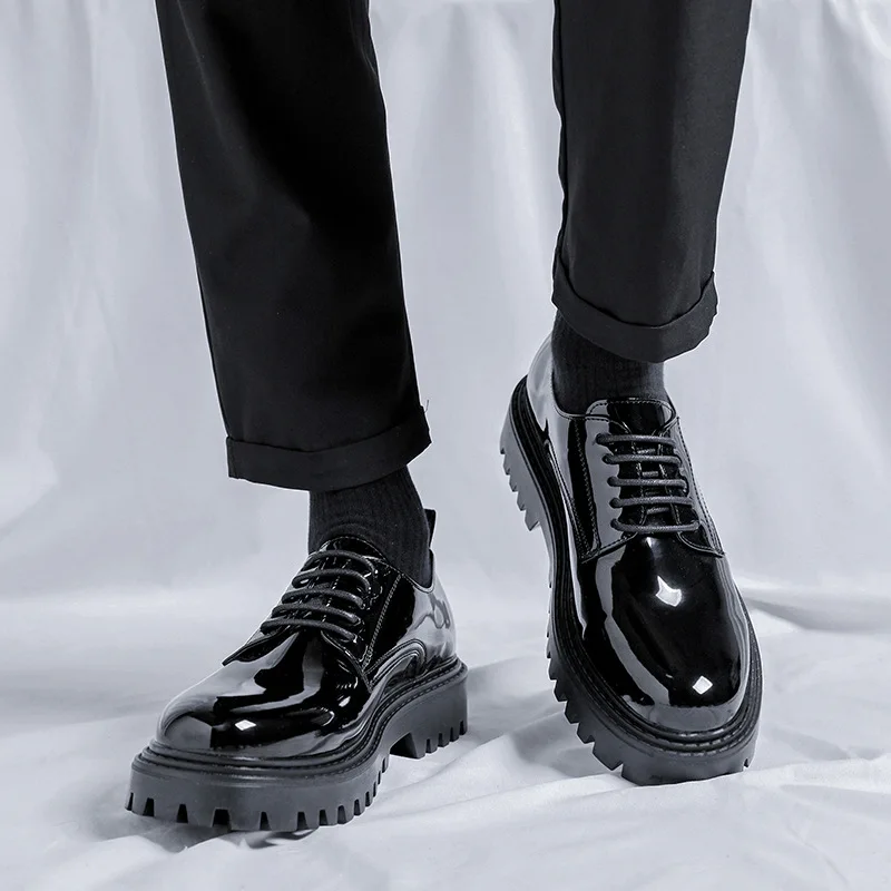 

Туфли мужские из лакированной кожи, повседневные деловые туфли дерби, на платформе, со шнуровкой, классические, для мужчин и женщин, черные