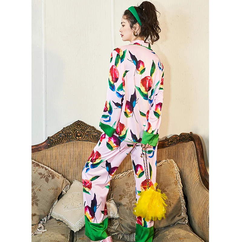 Luxury Floral Print Women Pajamas 2 Pcs With Pants Oversize Ladies Satin Pyjama Summer Spring Silk Pijama Suit For Female