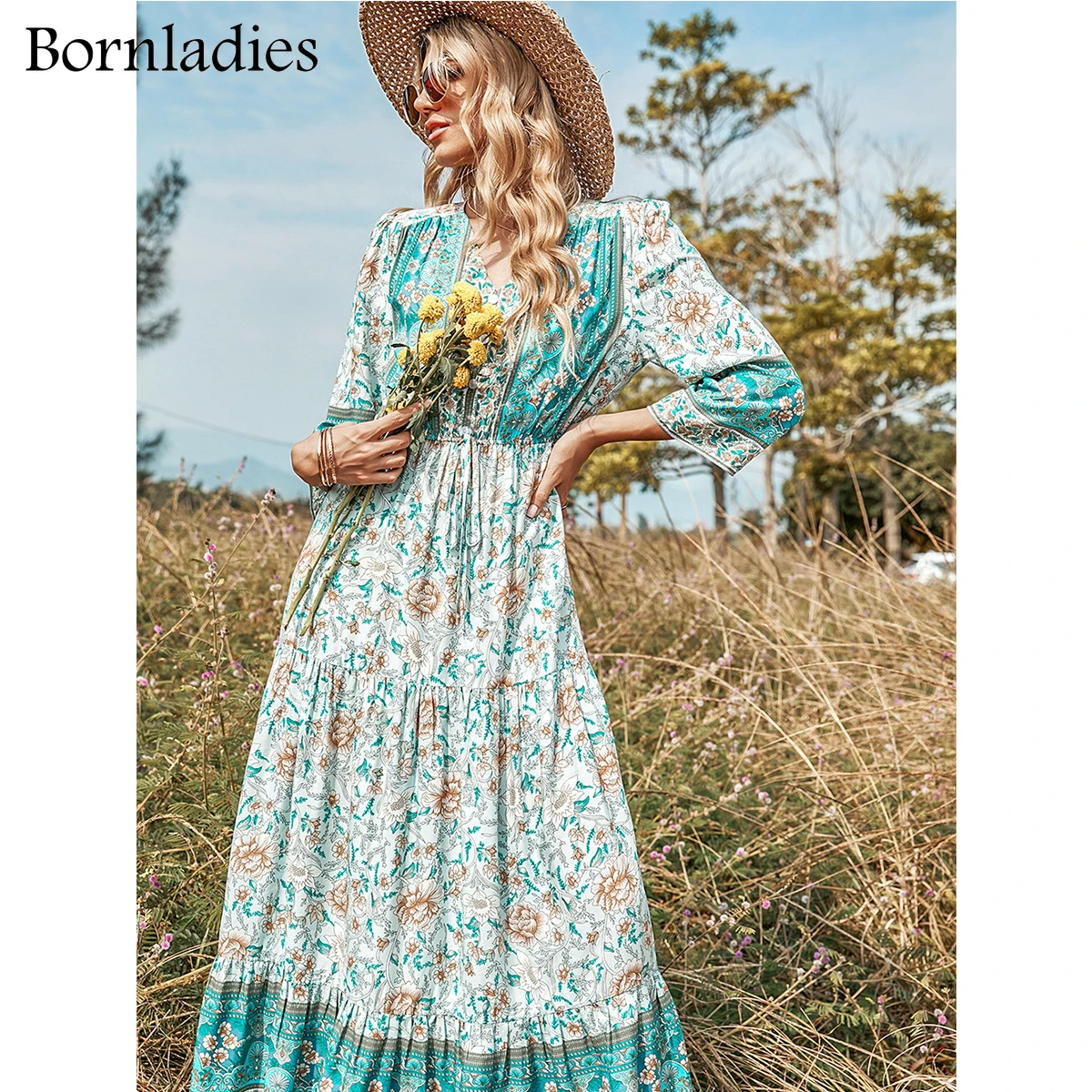 

Женское шифоновое платье с цветочным принтом, V-образным вырезом и рукавом 2022