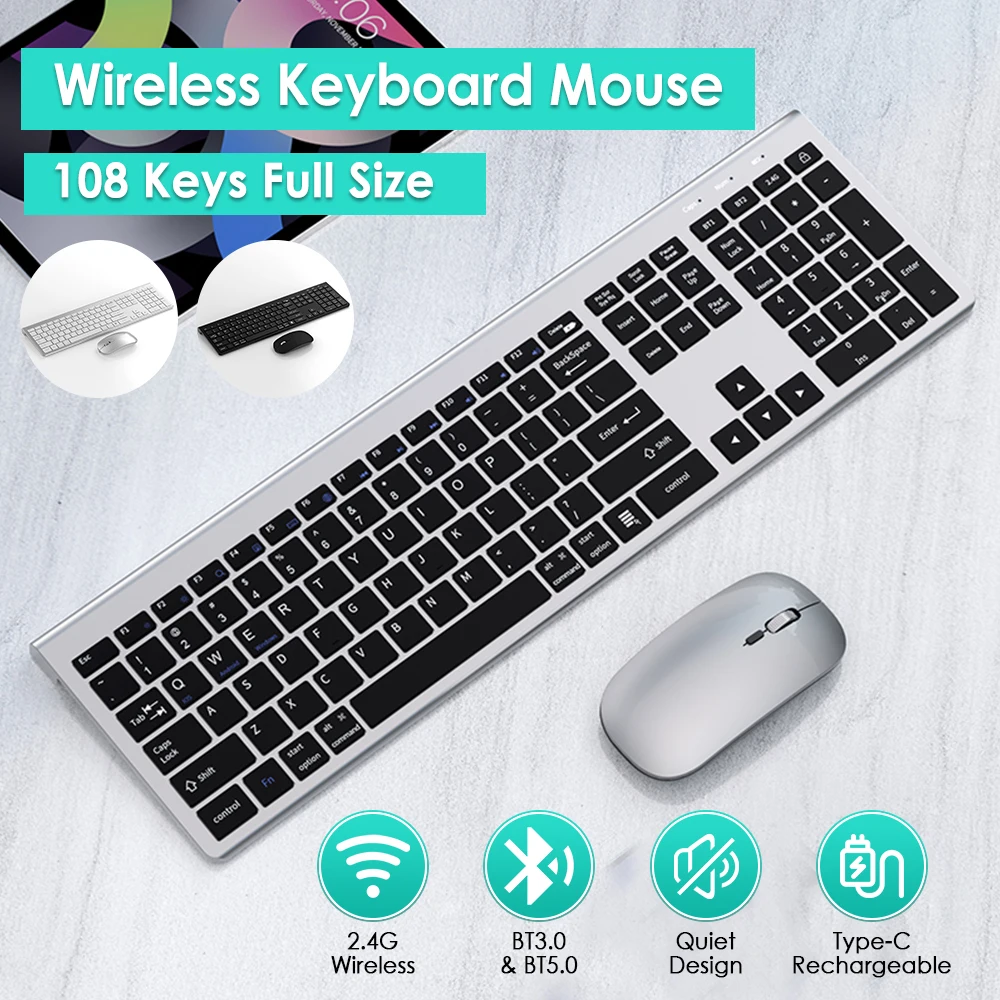 Ultra Slim Rechargeable Bluetooth Wireless Keyboard and Mouse Combo Full Size Multi-Device Silent for Windows Mac OS iOS Android