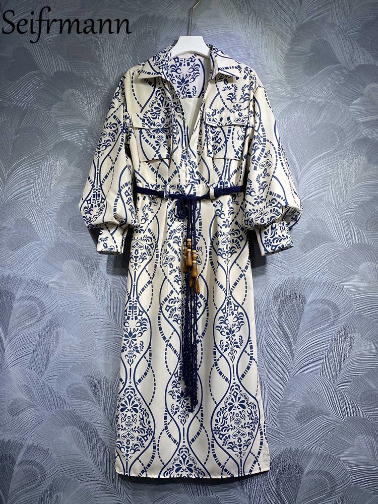 

Seifrmann High Quality Summer Women Fashion Designer Long Dress Lantern Sleeve Belt Pocket Blue Floral Printed Holiday Dresses