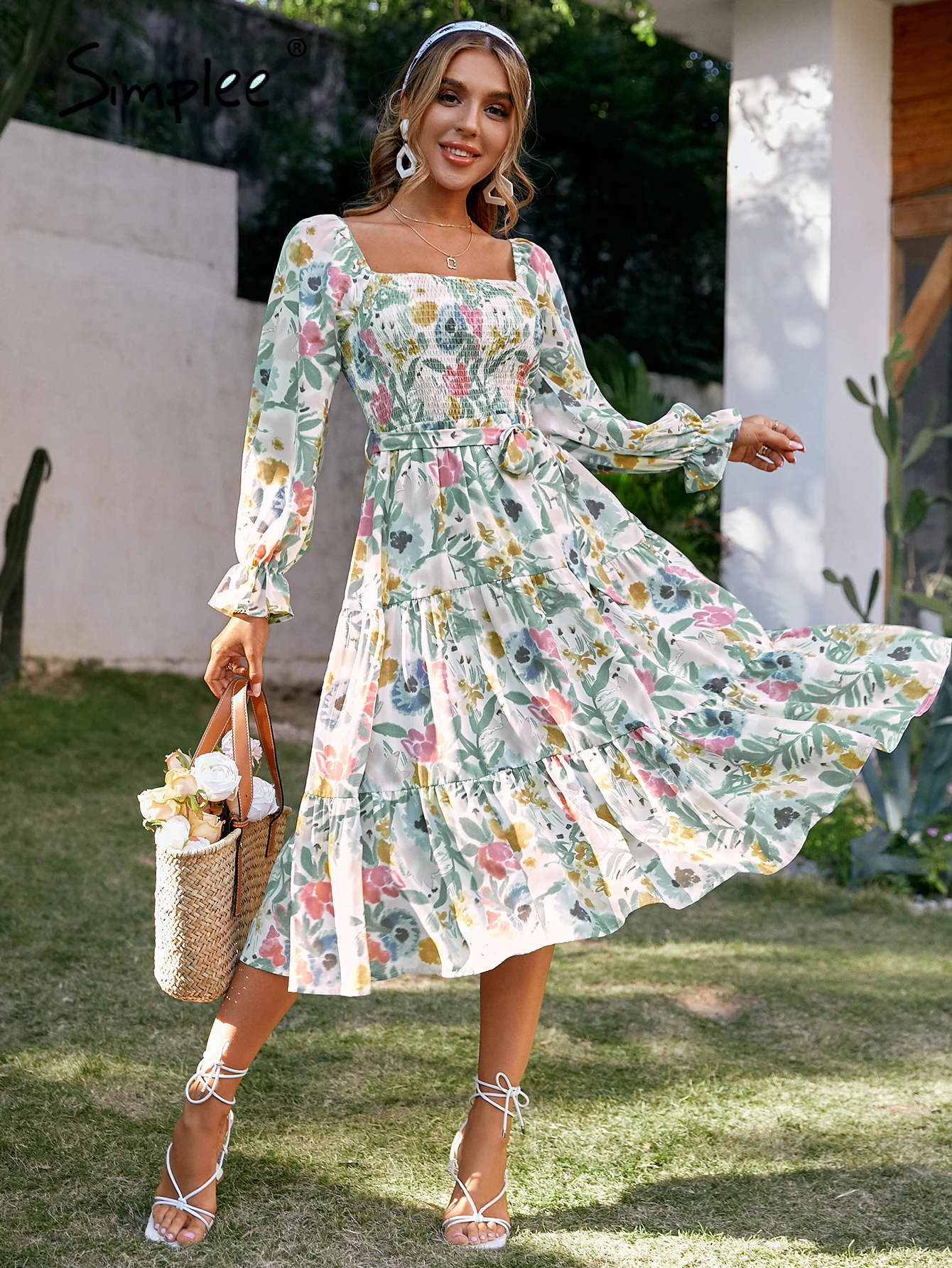 

Simplee Floral slash neck long sleeve ruffle print summer dress women Holiday beach belt vestido Square collar elastic dresses