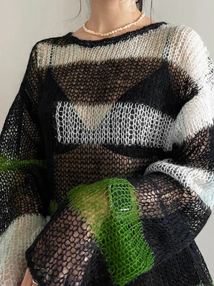 

Y2K Loose Knitted Sweater Pullovers Women Fashion See Through Oversized Sweater Top 90s Vintage Knitted Ripped Grunge Clothes