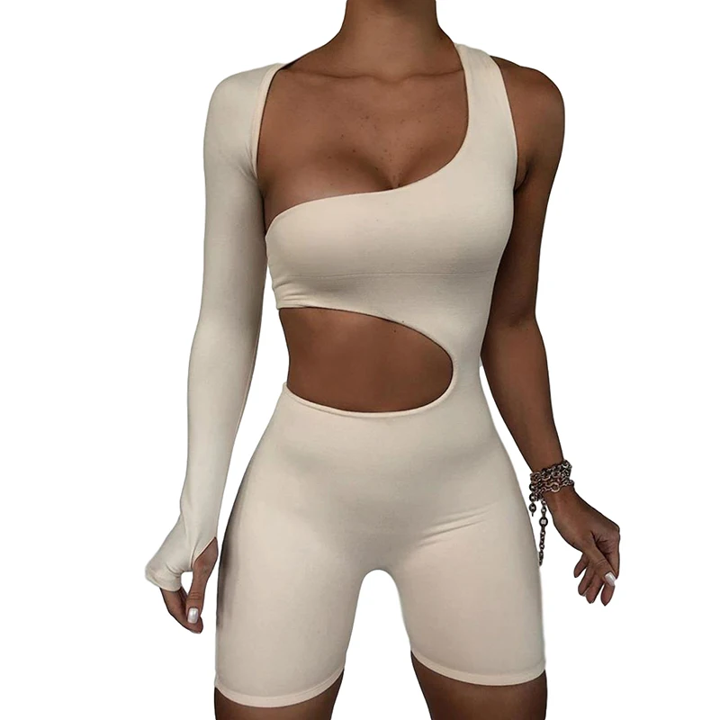 

Asymmetrical Solid Women Rompers Basic Long Sleeve Casual Sportswear Streetwear Female Elastic High Waist Jumpsuits