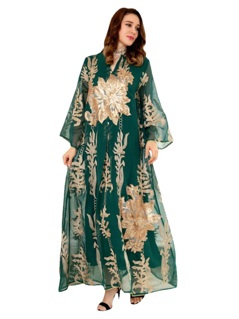 

Modest Muslim Moroccan Caftan Dubai Abaya for Women Ramadan Eid-al-Adha 2023 Gold Thread Sequins Embroidery Arab Long Dress Yarn