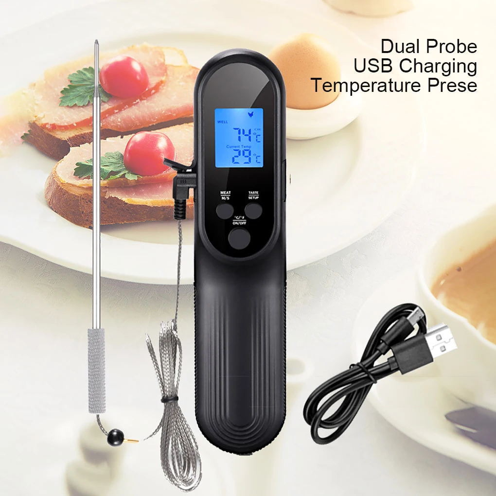 

Kitchen Thermometer Dual Probe Rechargeable Temperature Instant Read Backlit Display Screen Home Cooking Tool BBQ