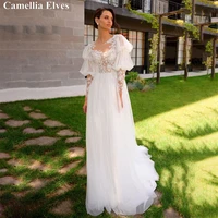 exquisite lace a line wedding dresses for women full sleeve bride dress appliques button backless bridal gowns vestido de novia