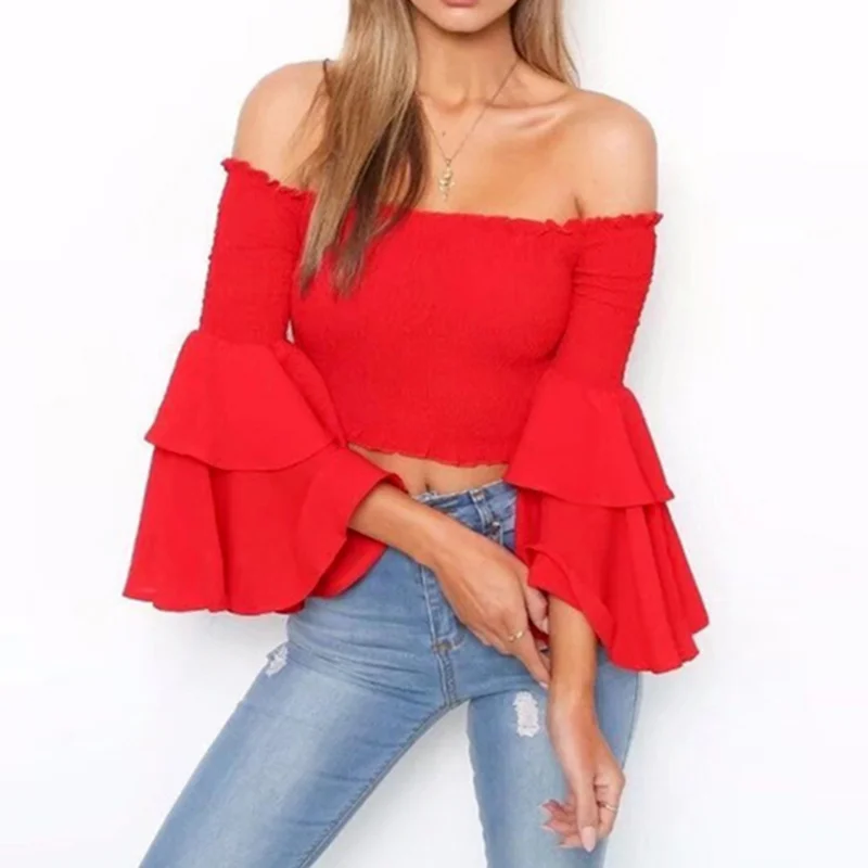 

Women Sweet Flare Sleeve T-Shirt Elegant Ruffle Off Shoulder Chiffon Shirt White Black Streetwear Fashion Crop Top Feamle Tees