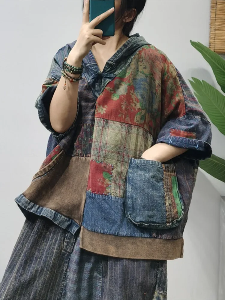 

Womens T-shirt Patchwork Short Sleeve Hooded neck 2022 Summer Female Vintage Clothes Loose Pockets Women Top