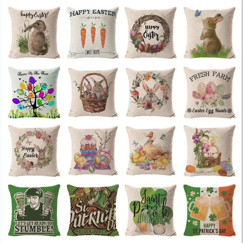 

45x45cm Easter Decor Linen Cushion Cover Cartoon Bunny Eggs Printed Pillow Covers Spring Decoration St Patrick's Day Pillowcase