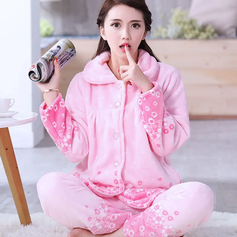Winter Pajamas Set For Women Sleepwear Warm Flannel Long Sleeves Pink Pijama Nightgown Long Pant Sleepwear Homewear