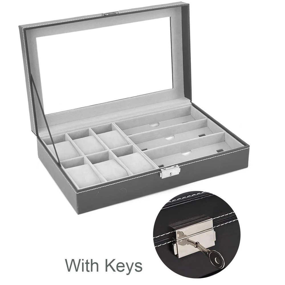 6 Slots PU Leather Watch Boxes Display 3 Eyeglasses&Sunglasses Necklace Jewelry Storage Case Collection Stand Birthday Gift