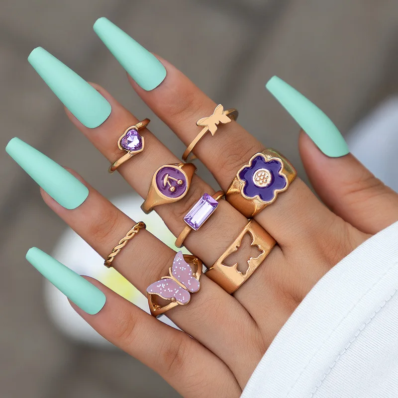 

Bohemian Purple Butterfly Joint Ring Set For Women Enamel Flower Crystal Charm Geometric Rings Female Boho Party Jewelry