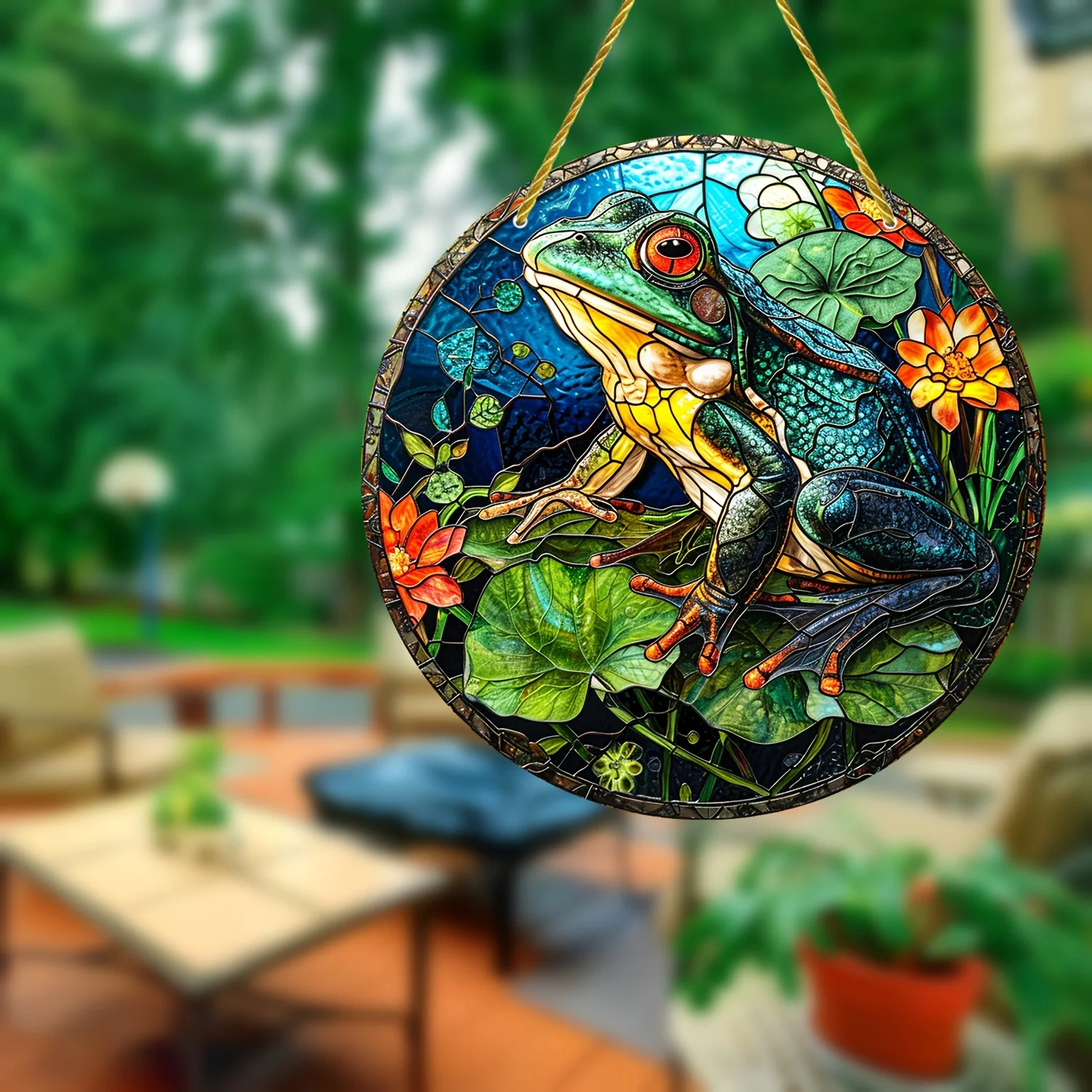 Żaba na liściach lotosu łapacze słońca w stylu vintage witraż wiszące okno prezent dla rodziny przyjaciół wystrój drzwi kolorowa sztuka