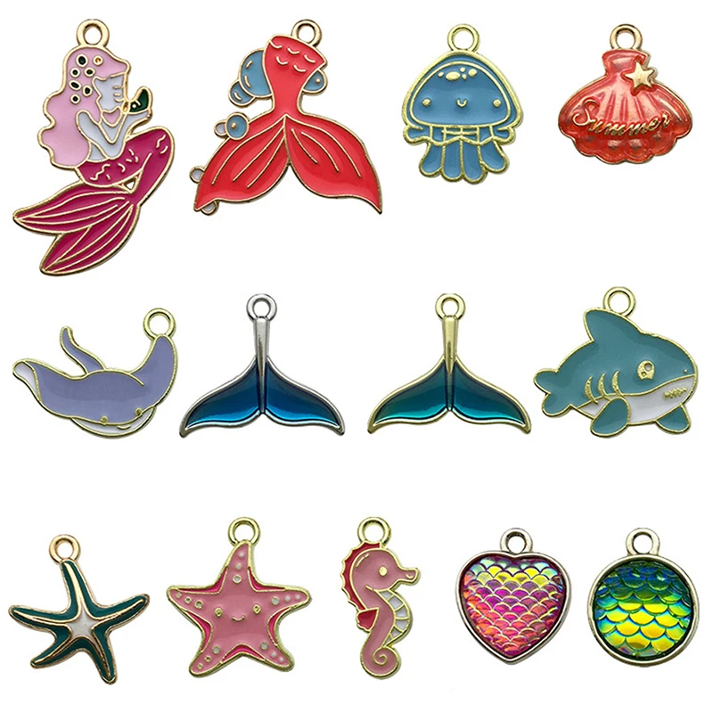 

13pcs Cute Starfish Conch Sea Shell Charms Pendants Ocean Style Anklet Keychain Bracelet Necklace Jewelry DIY Craft Accessories