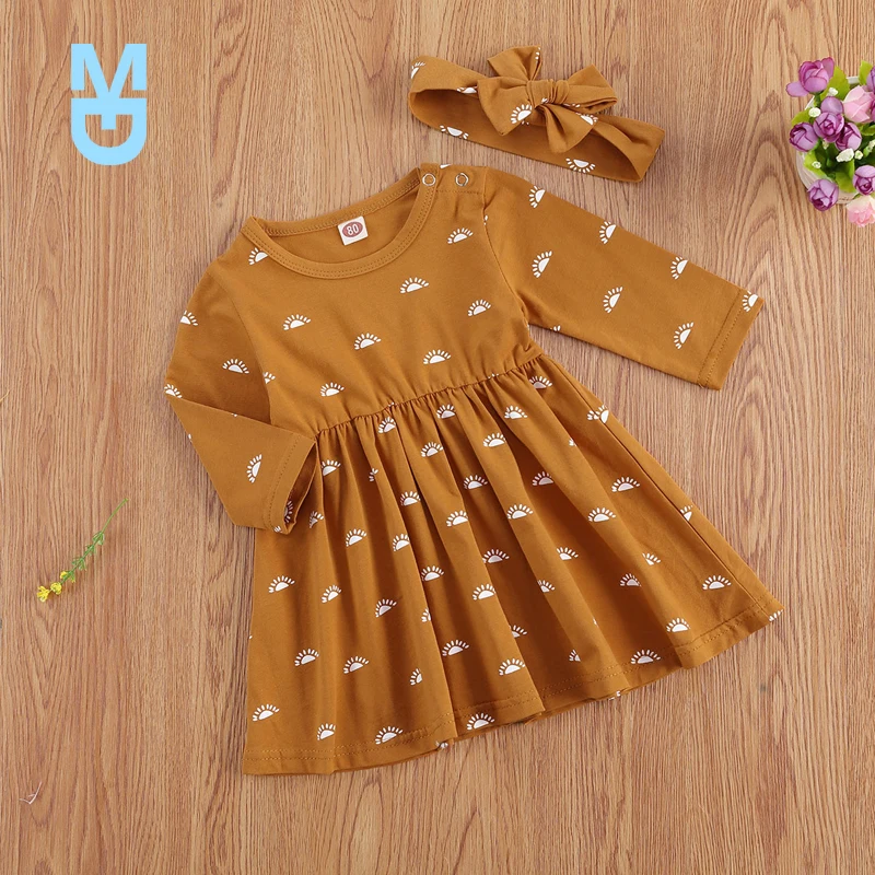 

New 0-24M born Baby Girls Floral Dress Long Sleeve O-neck Clothes Kids Little Sun Full Print Headbands Spring Autumn