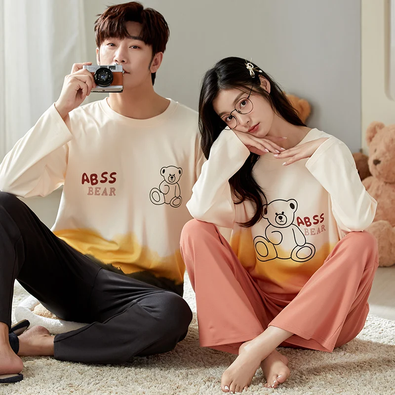 Autumn Couples Pajamas Set Women Men Spring Pyjamas Sleepwear Cartoon Korean Lovers Homewear Cotton Sleep Tops Pijama Free Ship