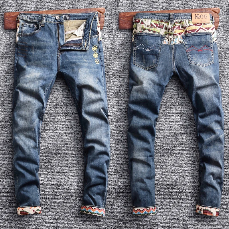 Fashion Streetwear Men Jeans Retro Blue Elastic Slim Fit Spliced Ripped Jeans Men Embroidery Patch Designer Hip Hop Denim Pants