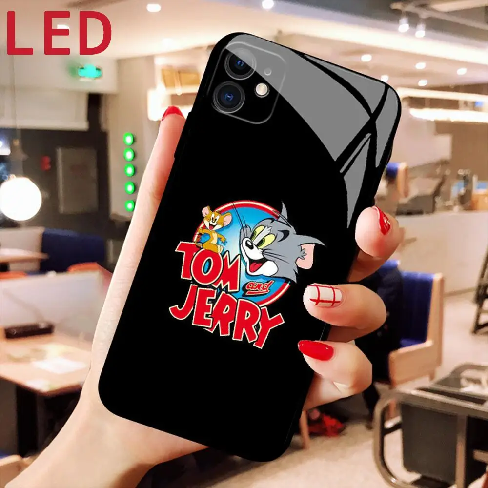 

Tom and Jerry Luxury LED Glass phone Case For IPhone 13 12 11 Pro Max Mini SE XS Max Voice controlled flashing cover
