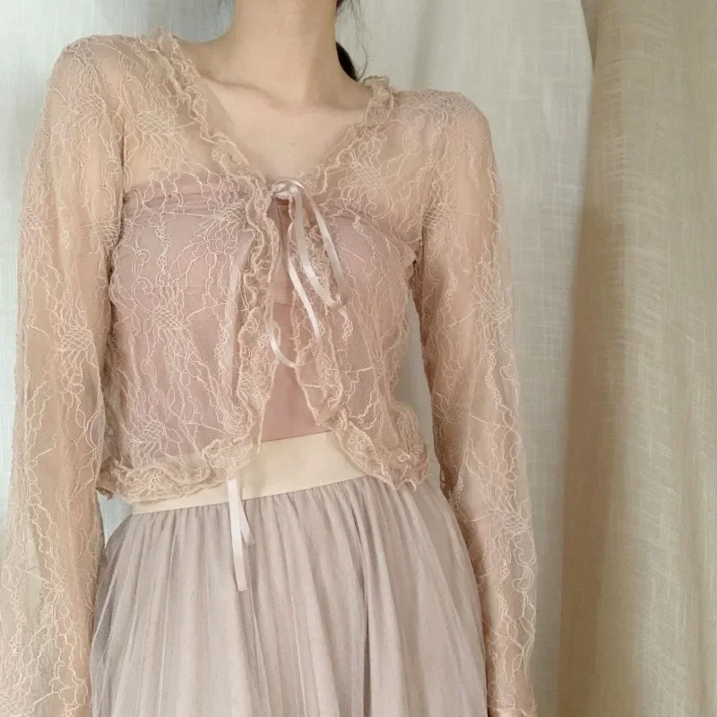 Винтажные кружевные прозрачные блузки женская кокетка милая короткая рубашка