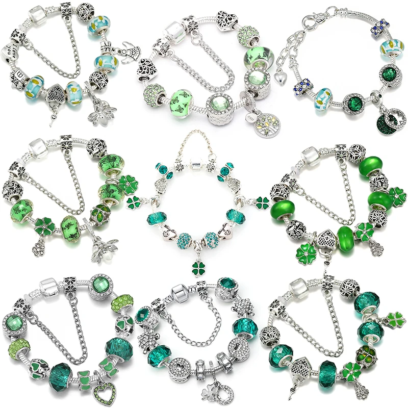 

Green CZ Enamel Heart Colver Charms Bracelet For Women Life Tree Pendant Butterfly Glass Beads Pulseira Men DIY Bijoux Accessory