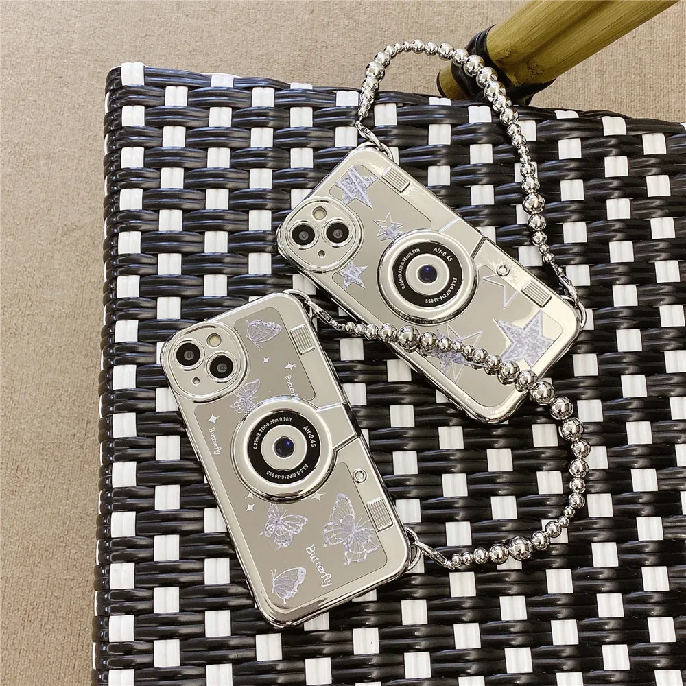 

Зеркальный чехол для IPhone, индивидуальный узор камеры с цепочкой, мягкий чехол из ТПУ, ударопрочный, подходит для женщин