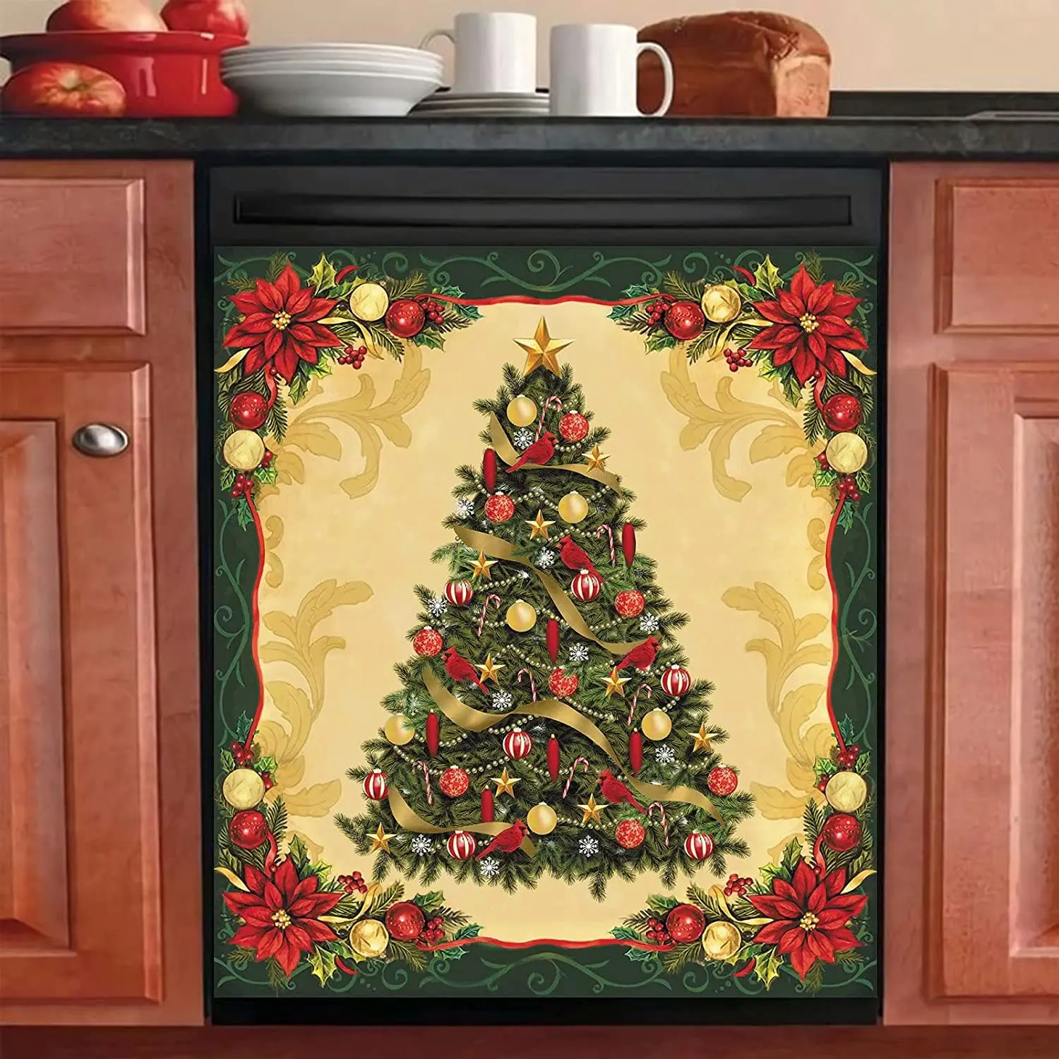

Christmas Tree Magnetic Dishwasher Cover Panel, Vintage Christmas Decorations Magnet Refrigerator Frames Vinyl Decals for Home 2