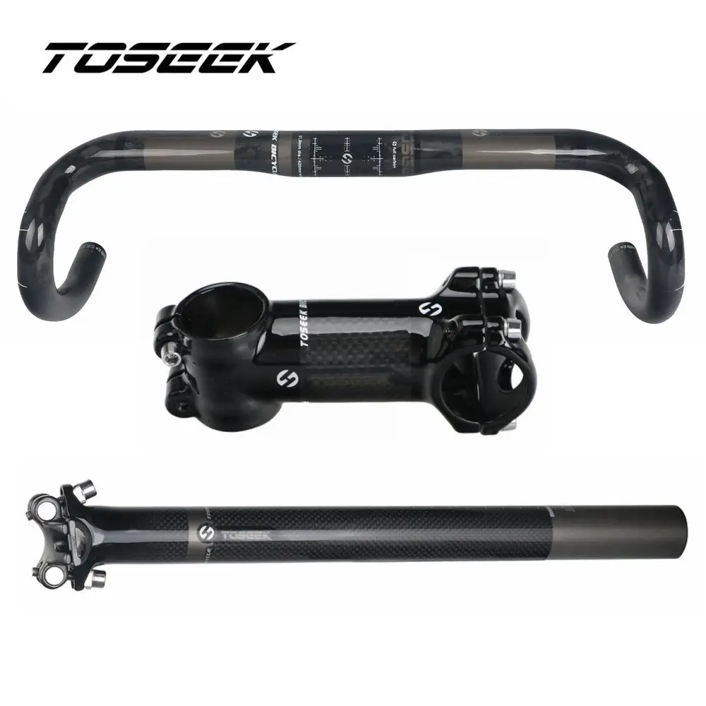 

TOSEEK Glossy Carbon Fiber Bike Road Bent Bar + Stem + SeatPost For Bicycle Road Handlebar Sets Parts